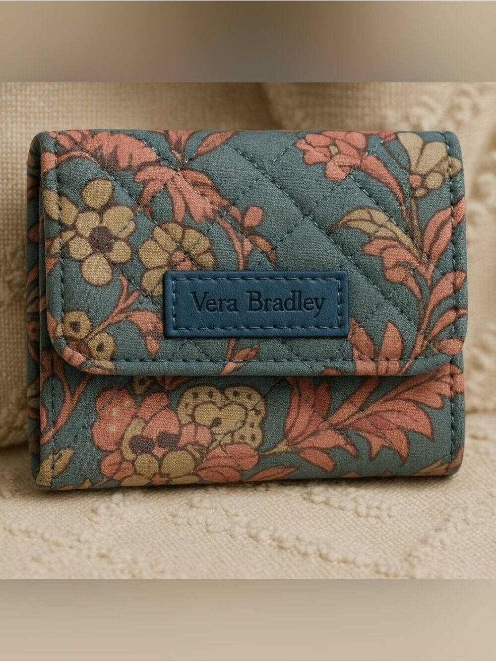 Vera Bradley Small Tri Fold Wallet Quilted Blue Pink Floral